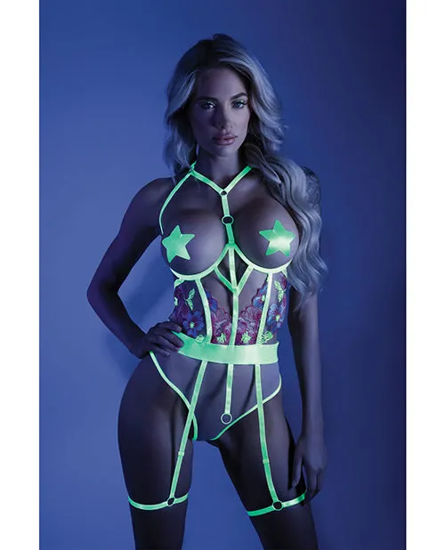 Fantasy Lingerie Anal Glow Black Light Embroidered Cupless Garter Teddy pasties Not Included Neon Chartreuse Fantasy Lingerie Anal Glow Black Light Embroidered Cupless Garter Teddy pasties Not Included Neon Chartreuse